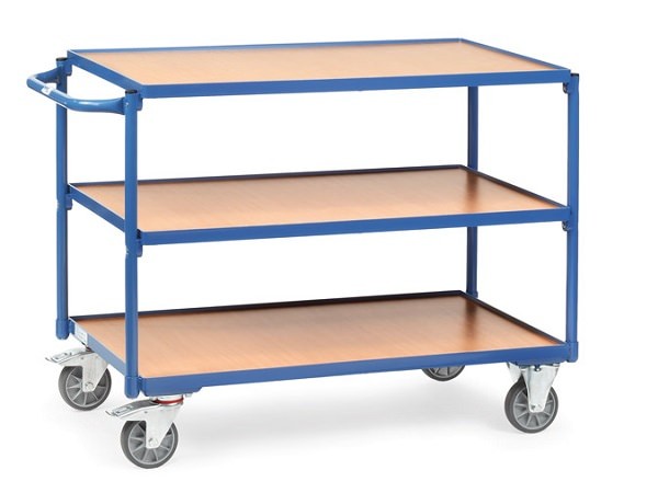Der Tischwagen besitzt ingesamt 3 Ladeflaechen. Auf der mittleren und oberen Flaeche können Lasten bis maximal 80 kg transportiert werden.