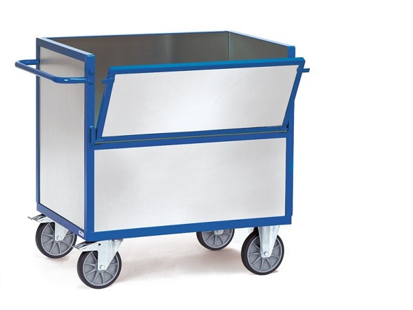 Der Blechkastenwagen besteht im Grundgerüst aus pulverbeschichteten Stahlblech und die Wände sind aus verzinktem Stahlblech.