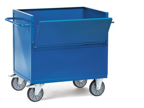 Der Blechkastenwagen aus pulverbeschichteten Stahlblech ermöglicht den Transport von Lasten bis 600 kg.