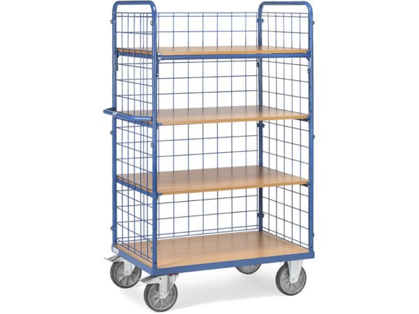 Der Etagenwagen besitzt zwei seitliche Wände und eine Rückwand aus Drahtgitter.