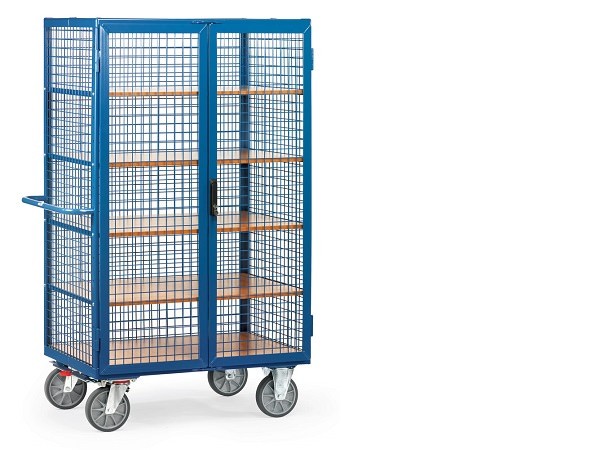 Der Kastenwagen mit Doppelfluegeltueren und Treibriegelverschluss kann Lasten bis 750 kg tragen.