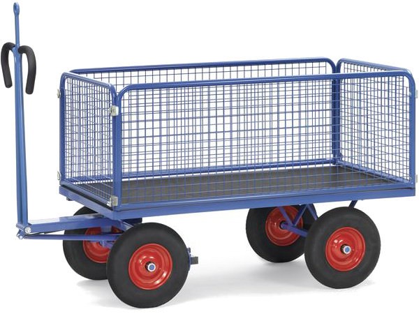 Dieser Pritschenwagen besitzt ingesamt vier Drahtgitterwände und sorgt damit für maximale Sicherheit beim Transport von Lasten.