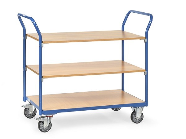 Dieser Tischwagen kann auf 3 Böden Lasten von insgesamt 200 kg transportieren - damit eignet sich dieser Wagen perfekt zum Transport von Werkzeugen oder Arbeitsmaterialien.