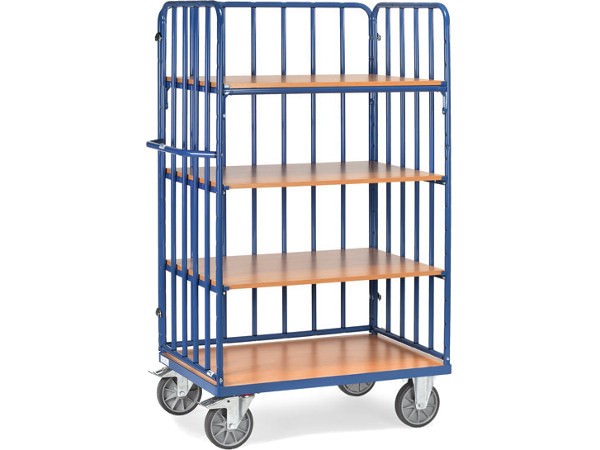 Der praktische Etagenwagen besitzt eine zusätzliche Rückwand aus Rohrstreben und kann insgesamt 600 kg Last tragen.
