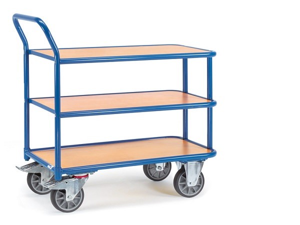 Der Tischwagen kann auf 3 Böden Lasten von insgesamt 400 kg problemlos tragen - die TPE-Bereifung sorgt für einen leichten Lauf bei nur wenig Kraftaufwand.